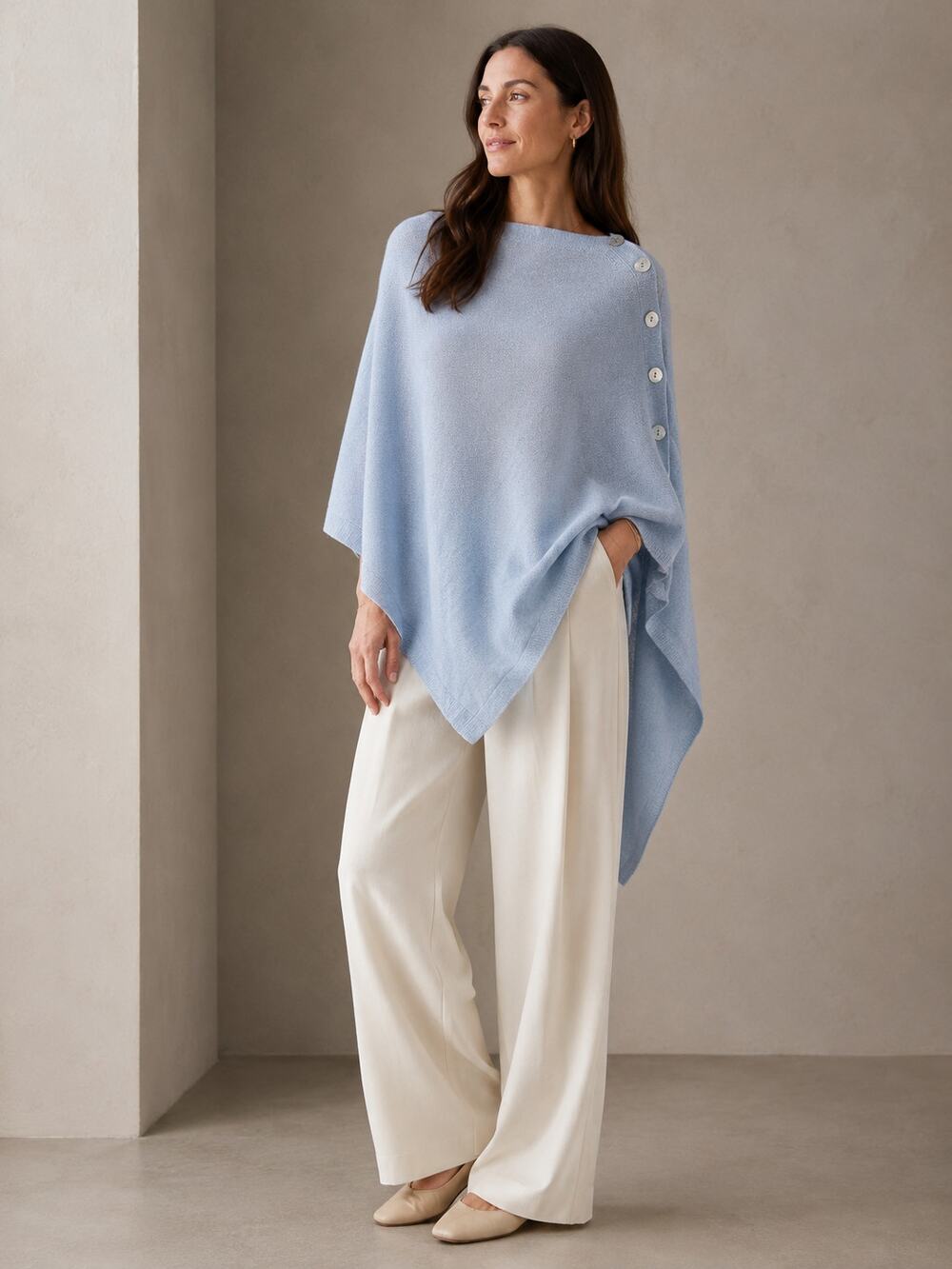 Saol Wool Blend Poncho Sweater S M L XL blue Pearl Buttons Coastal Old Money